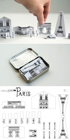 an open tin can with some architectural drawings on it and the words paris written in black ink