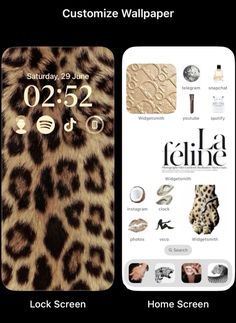 two iphone screens showing the same wallpapers as well as an animal print pattern