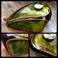 the side view of a green motorcycle with gold trimmings and black paint on it