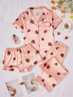 3pcs Women's Contrast Trimmed Imitation Silk Strawberry Printed Pajama Set Coral Orange Cute,Casual-Woman    Fruit&Vegetable Pant Sets Non-Stretch Summer Women Sleep & Lounge, size features are:Bust: ,Length: ,Sleeve Length: Shein Pajama Pants, Cute Pjs Silk, Cute Pjs Christmas, Pjs Outfits Aesthetic, Cute Pyjama Aesthetic, Orange Pjs, Strawberry Pjs, Cute Pjs Outfits, Girly Pjs