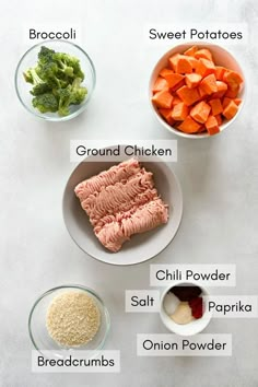 the ingredients for broccoli, sweet potatoes and carrots are shown in bowls