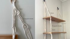 two shelves with ropes attached to them, one is made from wood and the other has rope