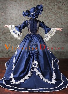 Dark Blue Marie Antoinette Masquerade Gown Dress Carnivale Costume   Condition: Brand New  Color: amp;nbsp; As Picture  Material: Satins And Lace  Silhouette: Ball Gown  Sleeve Length: Long Sleeve  Dresses Length:Floor-Length  Neckline:O Neck  Decoration: Printed  Style: Vintage  Includes: Dress + Headwear    amp;nbsp; Royal Blue Royal Dresses For Costume Party, Royal Victorian Dress For Costume Party, Elegant Blue Dress For Halloween, Elegant Blue Gown For Costume Party, Fitted Blue Floor-length Victorian Dress, Fitted Floor-length Blue Victorian Dress, Royal Blue Costume Dress, Blue Victorian Ball Gown For Costume Party, Halloween Ball Gown For Party