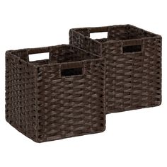 two brown wicker baskets sitting next to each other