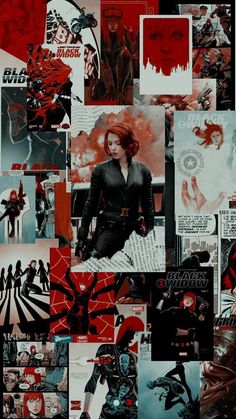 a collage of comic characters with red hair and black clothes, all surrounded by photos