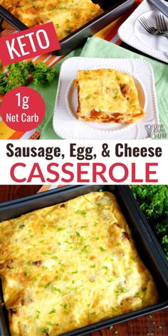 sausage egg and cheese casserole is shown in three different pans with the title