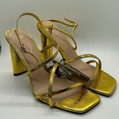 Nwt Never Worn, Dazzling Gold Zara Strappy High Heels. Eu Size 40 = Usa Size 9. - Heel Height: 4-1/2”. - Made With Airfit Extra Comfort Technical Insole Foam That Provides Breathable, Antibacterial, Cushion Factors. - These Are So Sexy! Beautiful, Rich Gold Tone That Will Definitely Draw Attention! Don’t Miss Out! **Comes From A Clean, Smoke Free Home** Trendy Gold Heels For Party, Gold Block Heel Party Heels, Gold Block Heel Heels For Party Season, Trendy Gold Heels With Padded Heel, Trendy Gold Heels With Heel Strap, Trendy Gold Heels For Night Out, Trendy Gold Heels For Evening, Trendy Gold High Heels, Trendy Gold Evening Heels