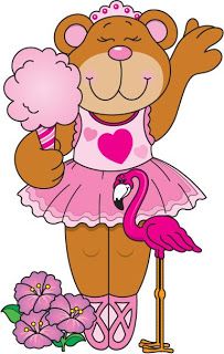 a teddy bear in a pink tutu holding a flamingo and ice cream cone