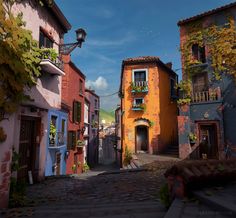 an alley way with colorful buildings and trees on either side, in front of a blue sky