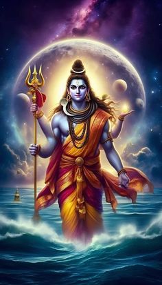 the hindu god is standing in the water with his arms outstretched and holding a staff