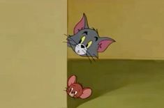 an animated image of a cat peeking out from behind a wall and another cartoon character looking at it