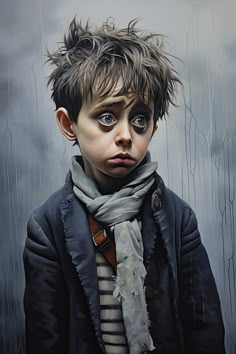 a painting of a young boy with blue eyes and a scarf around his neck, standing in the rain