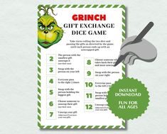 grin gift exchange dice game with instructions for the grin face and green eyes on it