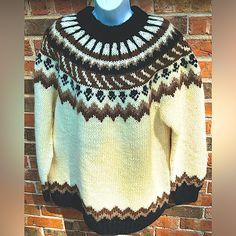 Handmade Wool Sweater In Icelandic Style . Beautiful Yoke Pattern Around The Neck. Created With Cream , Black , Brown And Lighter Brown. No Label, In Excellent Condition With No Stains Or Holes And No Bad Smell. Shoulder To Hem Is 30 Inches, Underarm To Underarm Is 25 Inches And Sleeve Length From Underarm To Wrist Is 21 Inches . All Measurements Made Lying Flat. Heavyweight Wool , Beautifully Made . Brown Fair Isle Winter Sweater, Dale Of Norway Sweater, Luxury Brown Fair Isle Sweater, Brown Nordic Jacquard Knit Sweater, Men’s Fair Isle Sweater, Men Cream, Sweaters Crewneck, Wool Sweaters, Light Brown