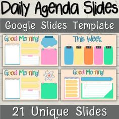 the daily agenda slides for google slides templates are displayed in different colors and sizes