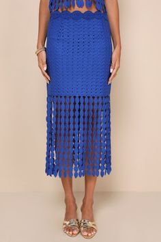 Get ready to make waves in any tropical destination when you wear the Lulus Getaway Icon Royal Blue Textured Fringe Midi Skirt! This statement-making skirt is composed of unique textured fabric and has a high waist (with a medallion-like crocheted belt-inspired detail) atop a figure-hugging fit that continues to mid-thigh. Fringe trim continues the silhouette, lending a midi effect to this stunning skirt. Hidden zipper/clasp at side. Pair with the matching top for a complete look! Fit: This garm Making Skirt, Crocheted Belt, Fringe Midi Skirt, Textured Fringe, Blue Two Piece, Textured Skirt, Make Waves, Fringe Skirt, Backless Maxi Dresses