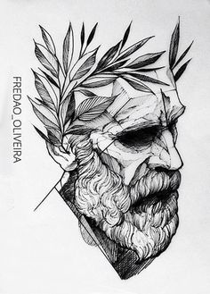 a drawing of a man's face with leaves on his head and the image of an ancient greek god