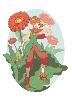 a cartoon character holding a large flower in her hand and standing on top of a leafy plant