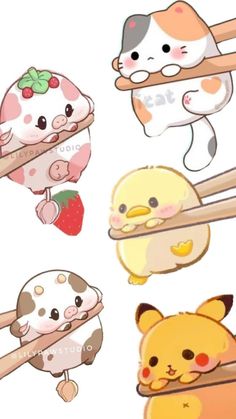 some cute little animals holding chopsticks in their hands