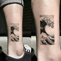 two tattoos on the legs of people with waves in them, one is black and white