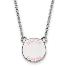 Show your greek life spirit with this Delta Gamma Sorority necklace. It is crafted with rhodium plated sterling silver and is 18 Inches in length. The pendant is 12mm in width and 12mm in height (0.47 in x 0.47 in) and dangles from a 1.25mm wide cable chain. We are a certified Collegiate jewelry retailer and this authentic item is licensed by the Delta Gamma Sorority and Greek Life. This enameled pendant necklace is made the USA. Delta Gamma Sorority, Zodiac Pendant Necklace, Trending Necklaces, Delta Gamma, Zodiac Pendant, Bow Jewelry, Initial Pendant Necklace, Enamel Necklaces, Pink Enamel