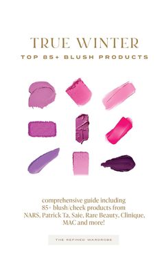 85+ Top-Rated Blush Guide For True/Cool Winters: Patrick Ta, Saie,Rare Beauty, Benefit, NARS, MERIT, Makeup By Mario, Jones Road and more! True Winter Makeup Products, Makeup For True Winter, True Winter Color Palette Makeup, Winter Color Palette Makeup, Cool Toned Blush, Bright Winter Makeup, Deep Winter Makeup