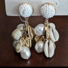 Sugarfix Baublebar Pearl Shell Drop Earrings White Gold Tone Beach Boho White Jewelry For Summer Beach Party, Bohemian White Earrings For Beach, White Summer Jewelry For Beach Party, White Summer Beach Party Jewelry, White Beachy Jewelry For Vacation, White Beachy Jewelry For Beach Season, Beachy White Jewelry For Vacation, White Summer Beach Jewelry, White Shell For Beach Season Vacation