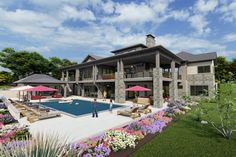 an artist's rendering of a house with a swimming pool and patio furniture in the foreground