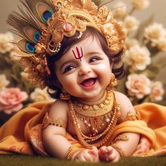 a smiling baby in a golden outfit with feathers on her head and eyes, sitting on the ground