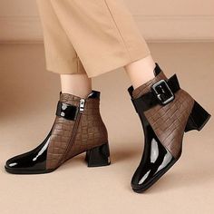 Category:Boots; Upper Materials:Patent Leather; Embellishment:Buckle; Season:Winter,Fall; Heel Type:Block Heel; Gender:Women's; Toe Shape:Square Toe; Type:Booties Ankle Boots; Style:Elegant; Heel Height(inch):>5; Outsole Materials:Rubber; Occasion:Daily; Closure Type:Zipper; Pattern:Braided,Solid Colored; Listing Date:09/05/2022; Production mode:External procurement; 2023 Trends:Combat Boots; Foot Length:; Foot Width:; SizeChart1_ID:2:179956; Size chart date source:Provided by Supplier.; US Size Brown Ankle Strap Heels For Fall, Elegant Brown Ankle-high Martin Boots, Chic Brown Ankle-high Martin Boots, Brown Pointed Toe Booties With Buckle Closure, Fall Office Booties With Closed Toe, Brown Low Heel Winter Shoes, Brown Low Heel Winter Heels, Brown Winter Booties With Buckle Closure, Brown Ankle Strap Boots For Fall