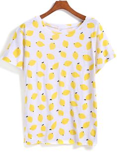 Yellow Short Sleeve Lemon Print T-Shirt Tshirt Outfits Women, Lemon Clothes, Print Techniques, Librarian Chic, Fancy Clothes, White Short Sleeve Tops, Yellow Tees, Sweet Lemon, Shirt Prints