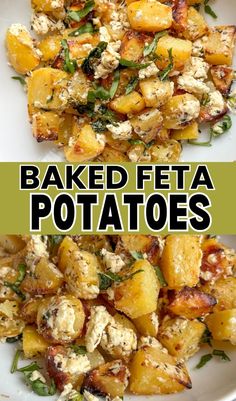 baked feta potatoes on a plate with the title above it in black and white