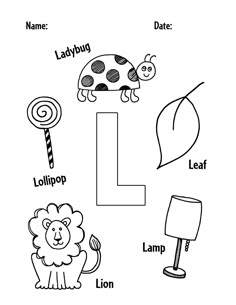 the letter l is for ladybug coloring page with pictures and words to color