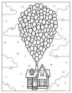 a house with balloons floating over it in the sky coloring pages for kids and adults