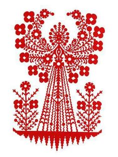 a red and white drawing of flowers in the shape of a tree on a white background