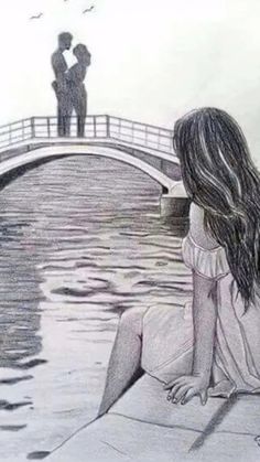 a drawing of a couple sitting on the edge of a bridge looking at each other