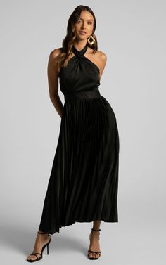 Eloise Midi Dress - Halter Neck Pleated Dress in Black Elegant A-line Strapless Formal Dress, Chic A-line Midi Dress For Gala, Elegant Spring A-line Evening Dress, Classic A-line Midi Dress For Party, Elegant A-line Maxi Dress For Formal Occasions, Formal Strapless A-line Dress With Ruched Bodice, Elegant Black A-line Dress, Chic A-line Maxi Dress With Fitted Bodice, Formal Black A-line Maxi Dress