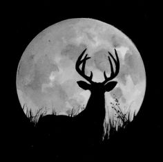 the silhouette of a deer in front of a full moon