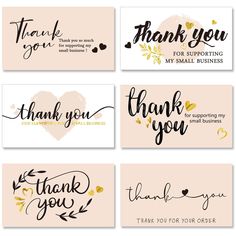 thank you cards with handwritten lettering and hearts on the front, in pink background