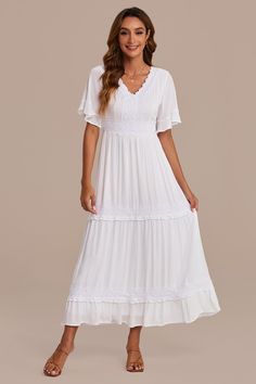 White Lace Short Sleeve V Neck Tiered  Maxi Dress White V-neck Maxi Dress With Lace Trim, White Maxi Dress With Scalloped Lace V-neck, White Maxi Dress With Lace Trim, White Flowy Maxi Dress With Lace Trim, Flowy White Maxi Dress With Lace Trim, Feminine Short Sleeve Lace Maxi Dress, Summer Bridesmaid Maxi Dress With Lace Trim, Elegant Short Sleeve Lace Maxi Dress, Summer Maxi Dress With Lace Trim For Bridesmaids