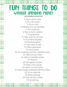 a green and white checkered background with the words fun things to do without spending money