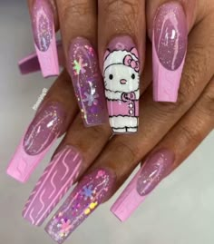 Hello Kitty Christmas Nails, December Nail Ideas, 21st Birthday Nails, Kitty Nails, December Nails, Christmas Barbie, Hello Kitty Christmas, 12 December