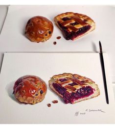 three different pastries are shown on a white paper with a black pen and pencil