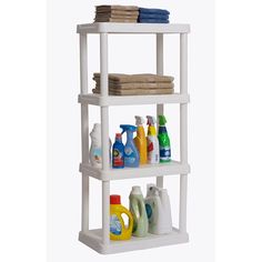 three tiered shelving unit with cleaning products