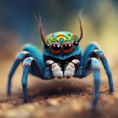 a close up of a blue spider with bright colored markings on it's face