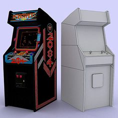 two arcade machines side by side on a white background, one is black and the other is red