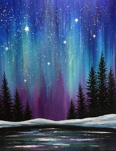 an acrylic painting of the night sky with stars and aurora bores in the background