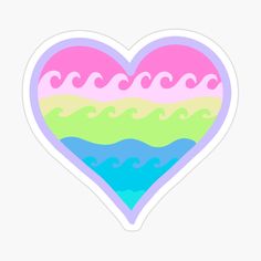 a heart shaped sticker with waves in the ocean and pink, blue, green, yellow