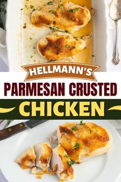 the cover of hellman's parmesan crusted chicken is shown on a white plate