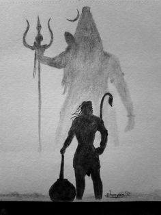 a black and white drawing of a demon holding a staff with his hand on the ground